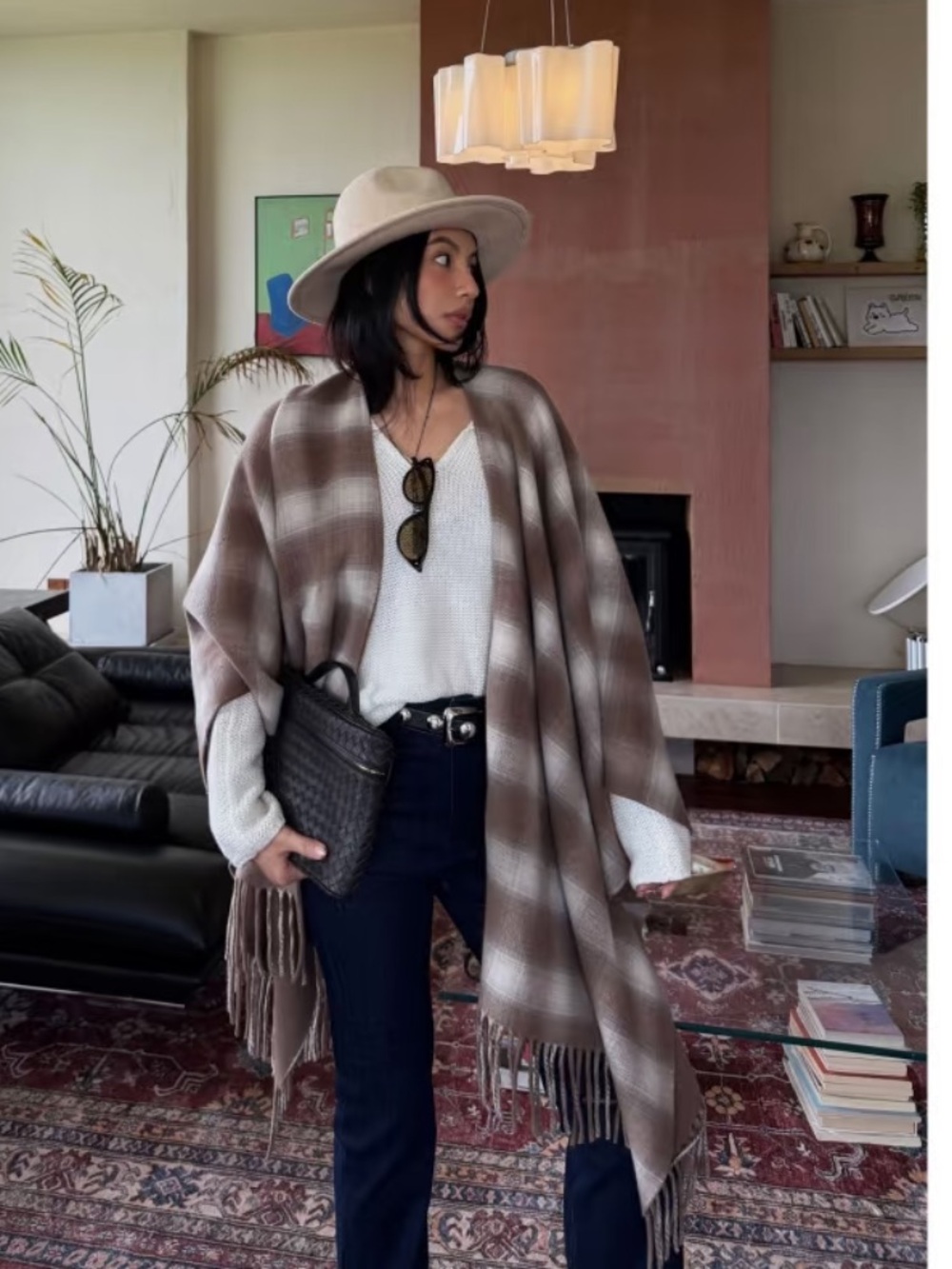 Plaid Fringe scarf  in Taupe